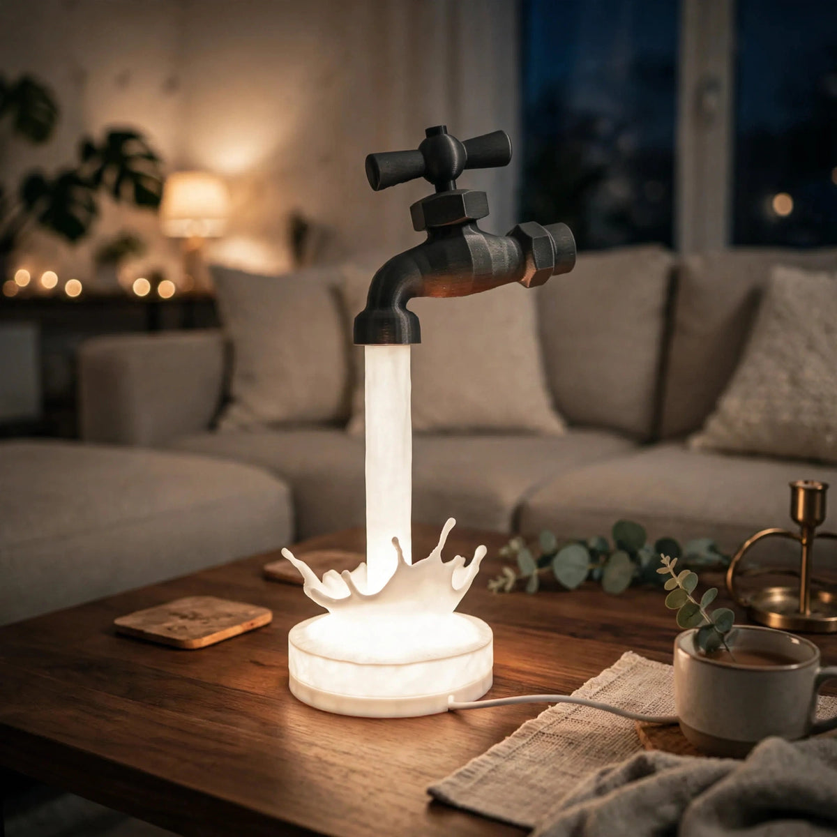 Floating faucet lamp pouring a glowing stream of light — photo 1