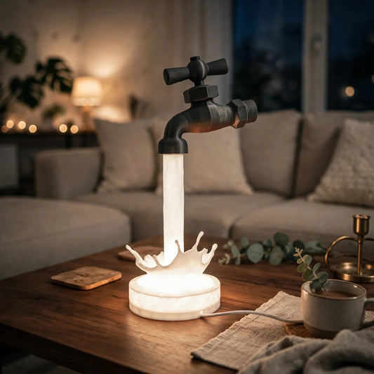 Floating faucet lamp pouring a glowing stream of light — photo 1