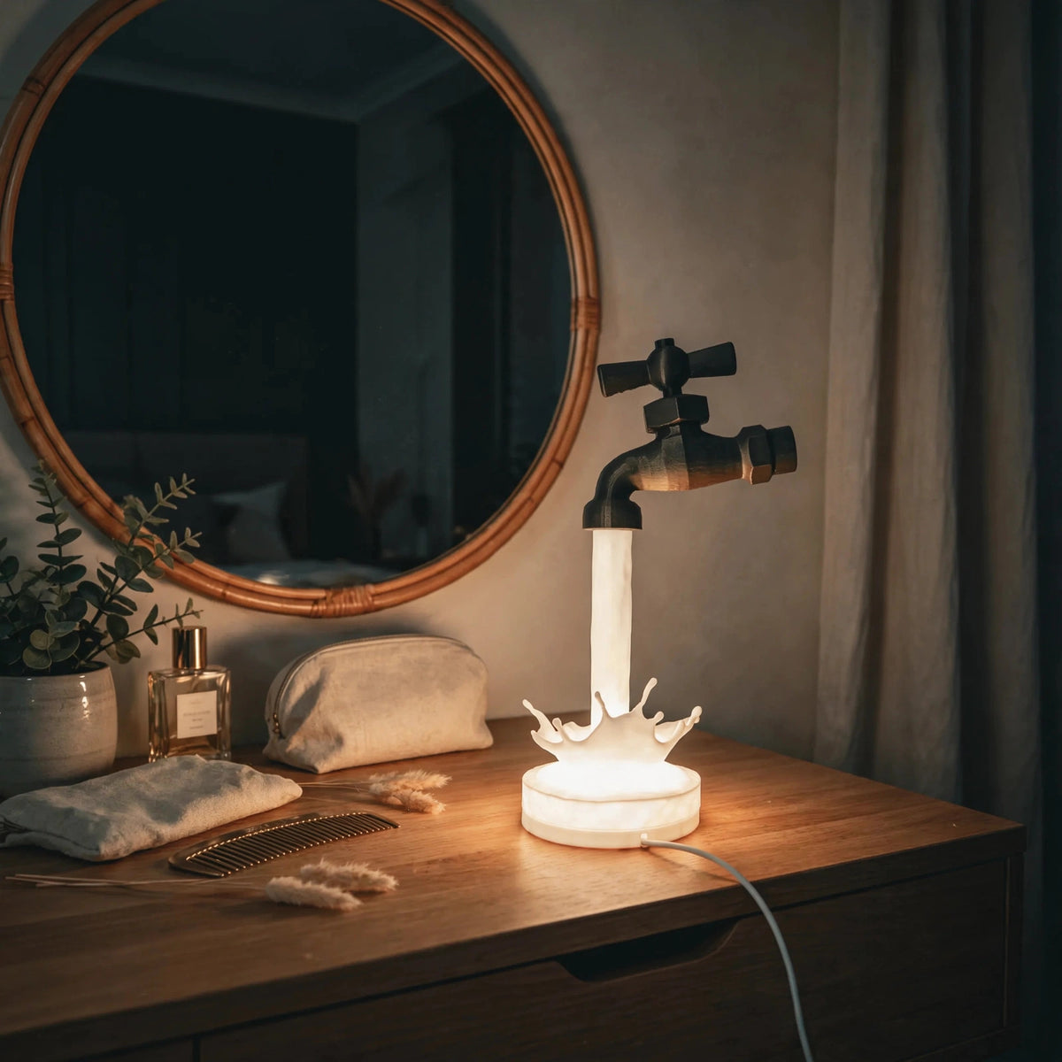 Floating faucet lamp pouring a glowing stream of light — photo 3