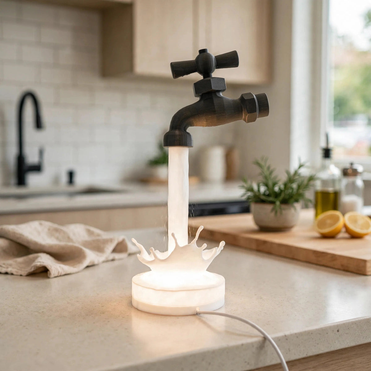 Floating faucet lamp pouring a glowing stream of light — photo 4