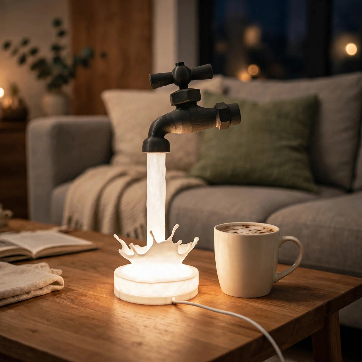 Floating faucet lamp pouring a glowing stream of light — photo 5