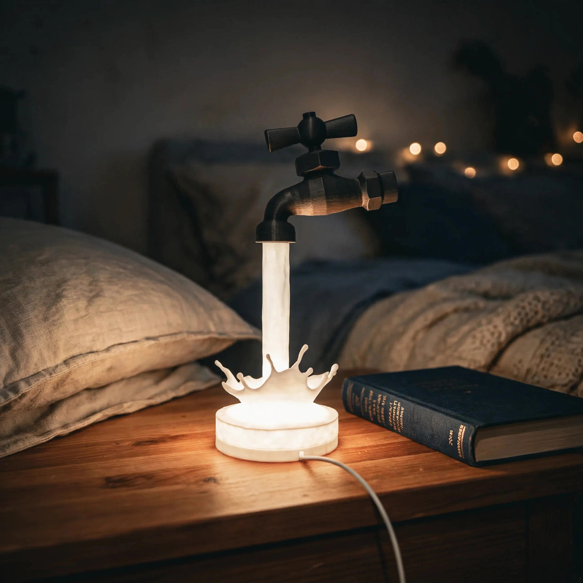 Floating faucet lamp pouring a glowing stream of light — photo 6