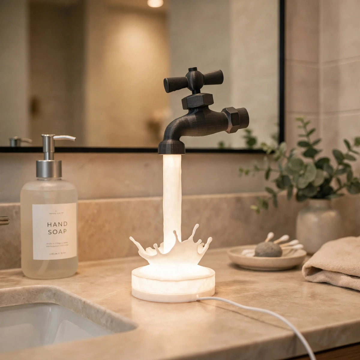 Floating faucet lamp pouring a glowing stream of light — photo 7
