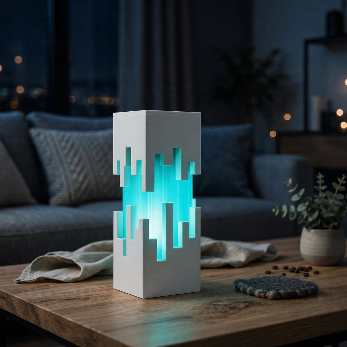 Pixel skyline lamp with glowing pixel city cutouts — photo 1