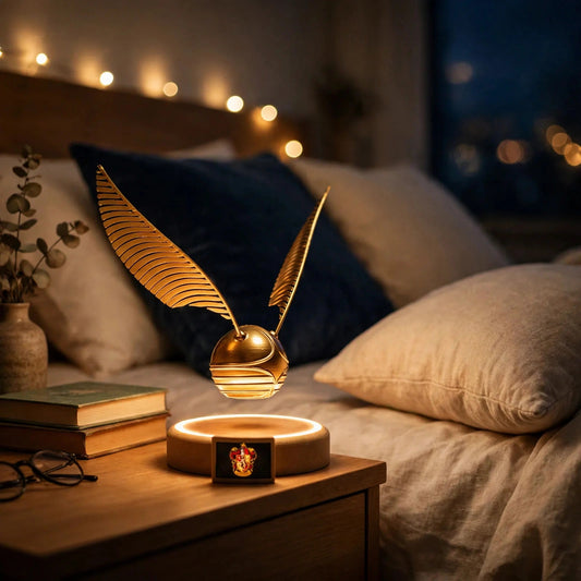 Levitating golden snitch lamp floating above its wooden base — photo 1