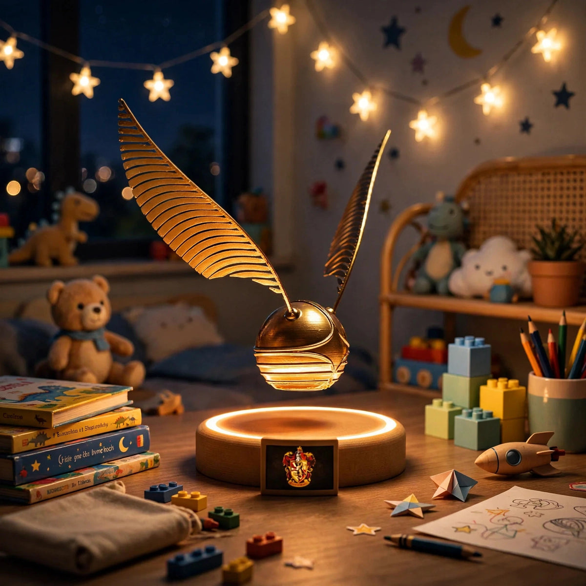 Levitating golden snitch lamp floating above its wooden base — photo 2