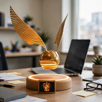 Levitating golden snitch lamp floating above its wooden base — photo 3