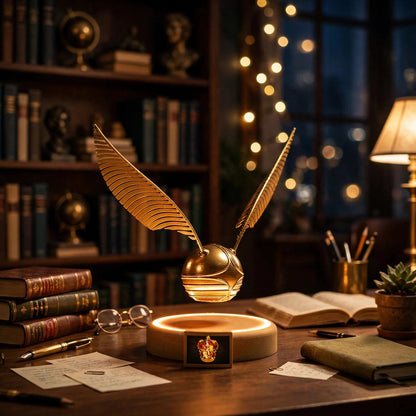 Levitating golden snitch lamp floating above its wooden base — photo 4