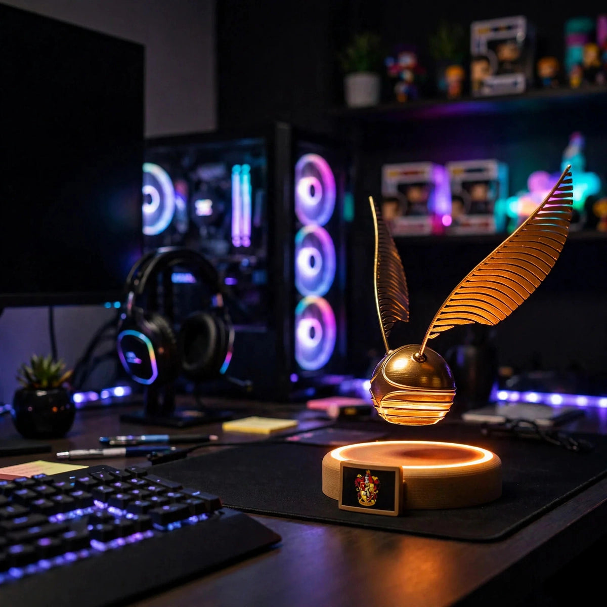 Levitating golden snitch lamp floating above its wooden base — photo 5
