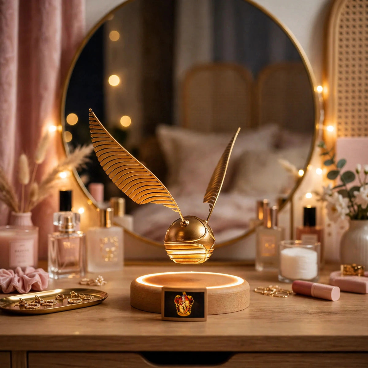 Levitating golden snitch lamp floating above its wooden base — photo 6