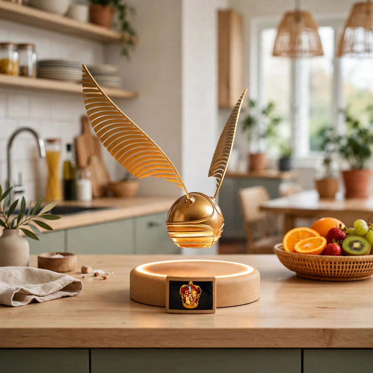 Levitating golden snitch lamp floating above its wooden base — photo 7