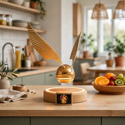 Levitating golden snitch lamp floating above its wooden base — photo 7