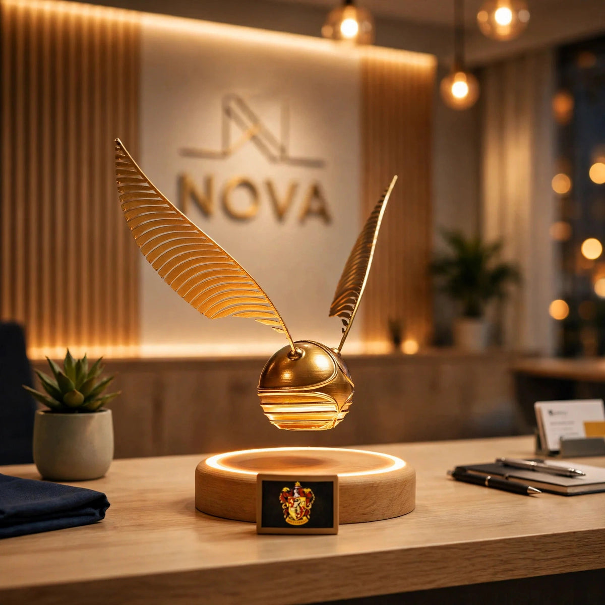 Levitating golden snitch lamp floating above its wooden base — photo 8