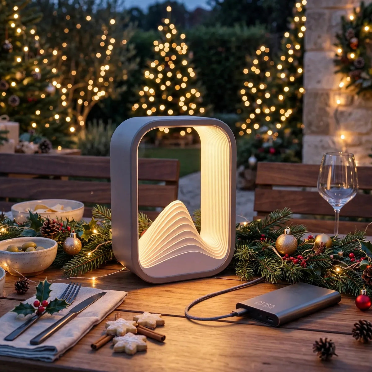 Wave layer lamp with layered mountain silhouette glow — photo 3